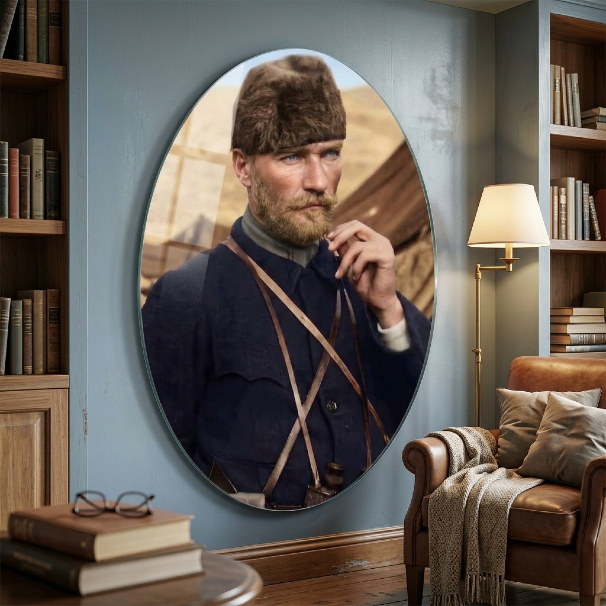 Atatürk Kalpaklı Cephe Portresi Oval Dikey Cam Tablo