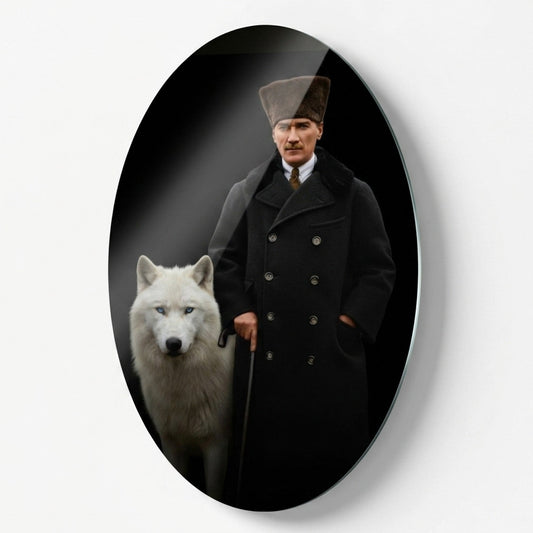 Kalpaklı Atatürk ve Bozkurt Portresi Oval Dikey Cam Tablo