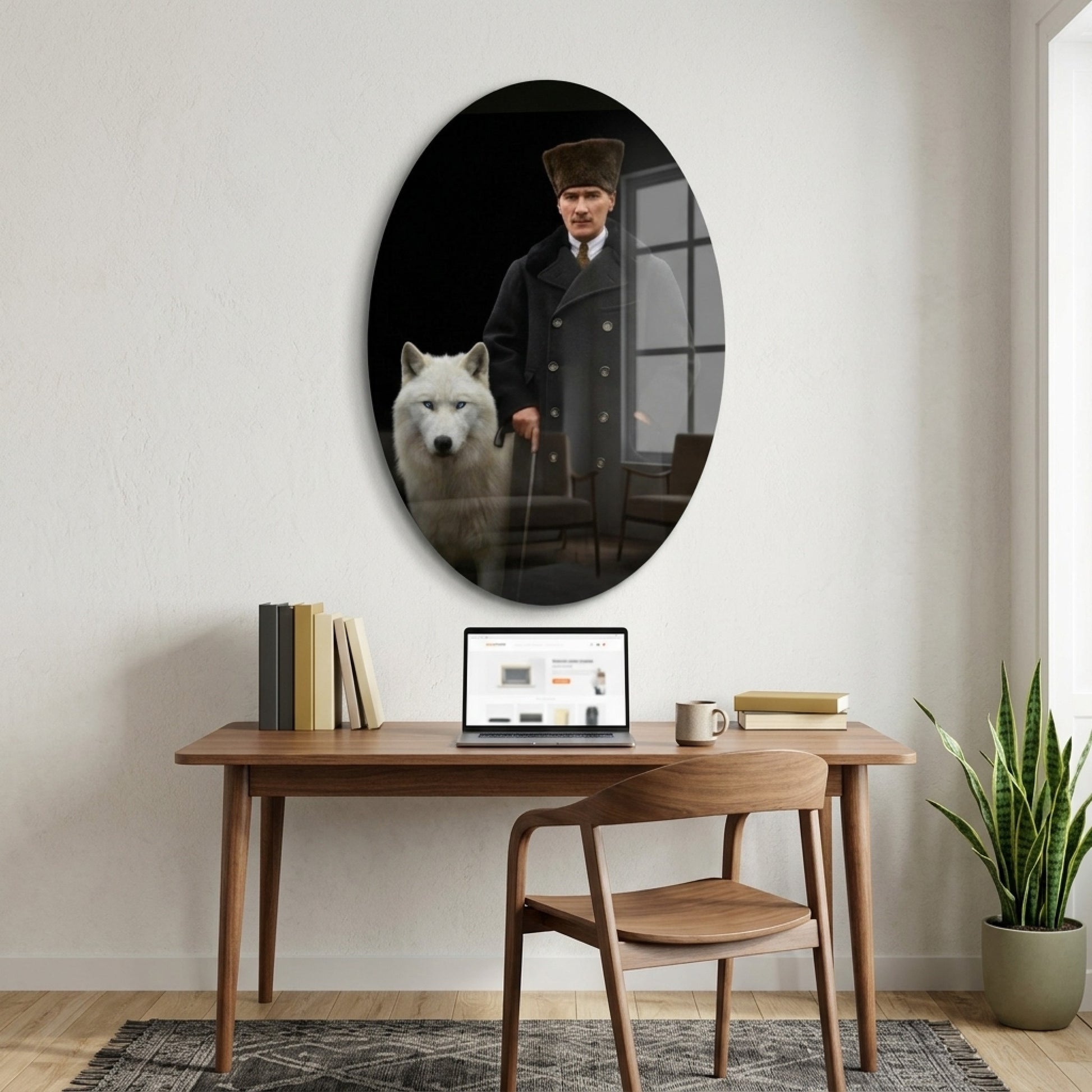 Kalpaklı Atatürk ve Bozkurt Portresi Oval Dikey Cam Tablo