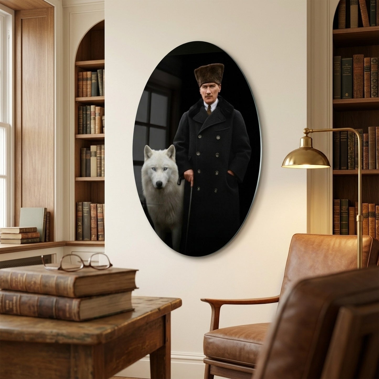 Kalpaklı Atatürk ve Bozkurt Portresi Oval Dikey Cam Tablo