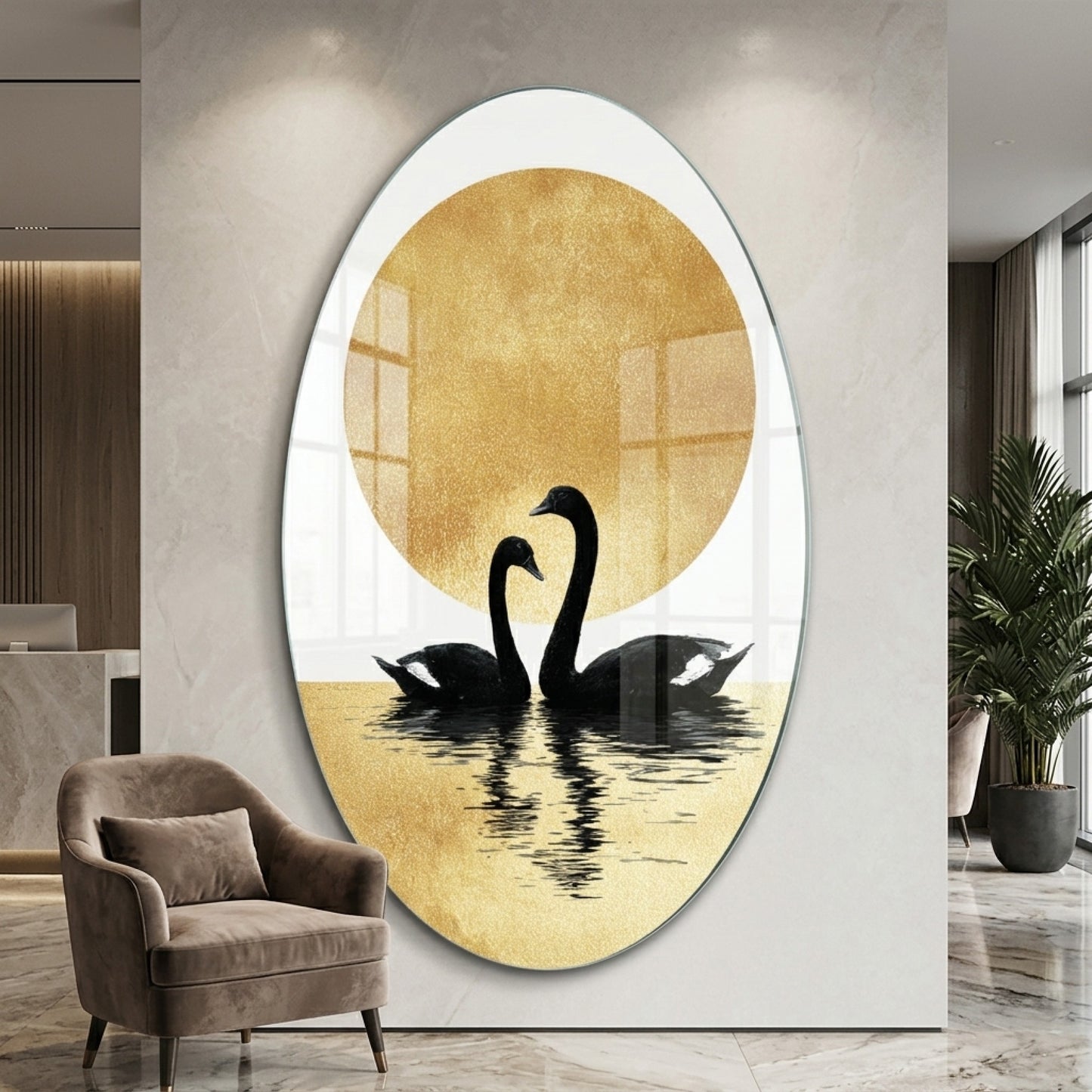 Modern Altın Güneş ve Siyah Kuğu Çifti Sanatı Oval Dikey Cam Tablo
