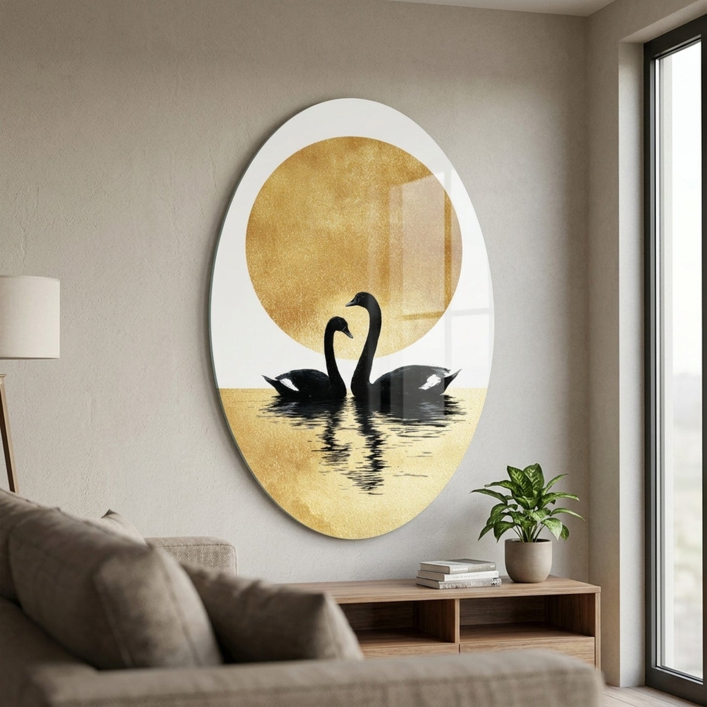 Modern Altın Güneş ve Siyah Kuğu Çifti Sanatı Oval Dikey Cam Tablo