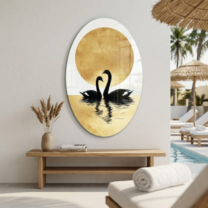 Modern Altın Güneş ve Siyah Kuğu Çifti Sanatı Oval Dikey Cam Tablo