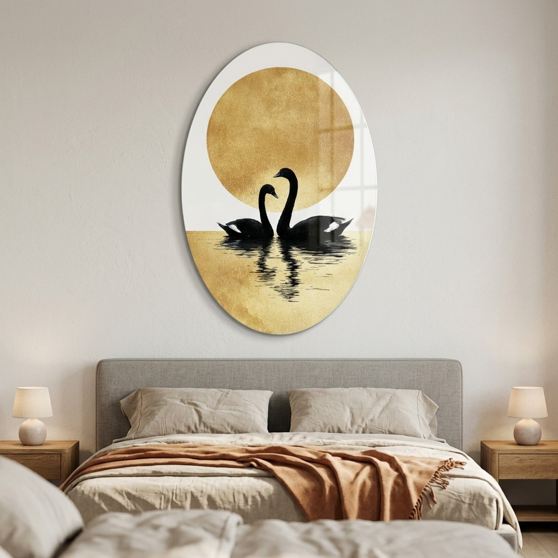 Modern Altın Güneş ve Siyah Kuğu Çifti Sanatı Oval Dikey Cam Tablo