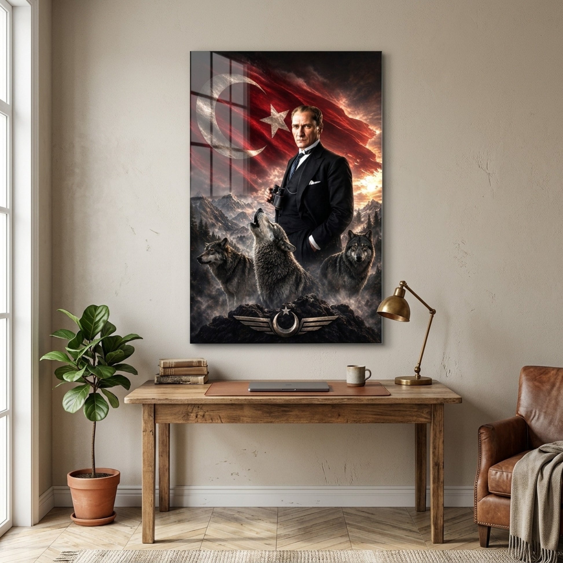 Atatürk Kurtlar ve Türk Bayrağı Temalı Dikey Cam Tablo