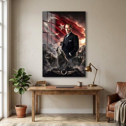 Atatürk Kurtlar ve Türk Bayrağı Temalı Dikey Cam Tablo