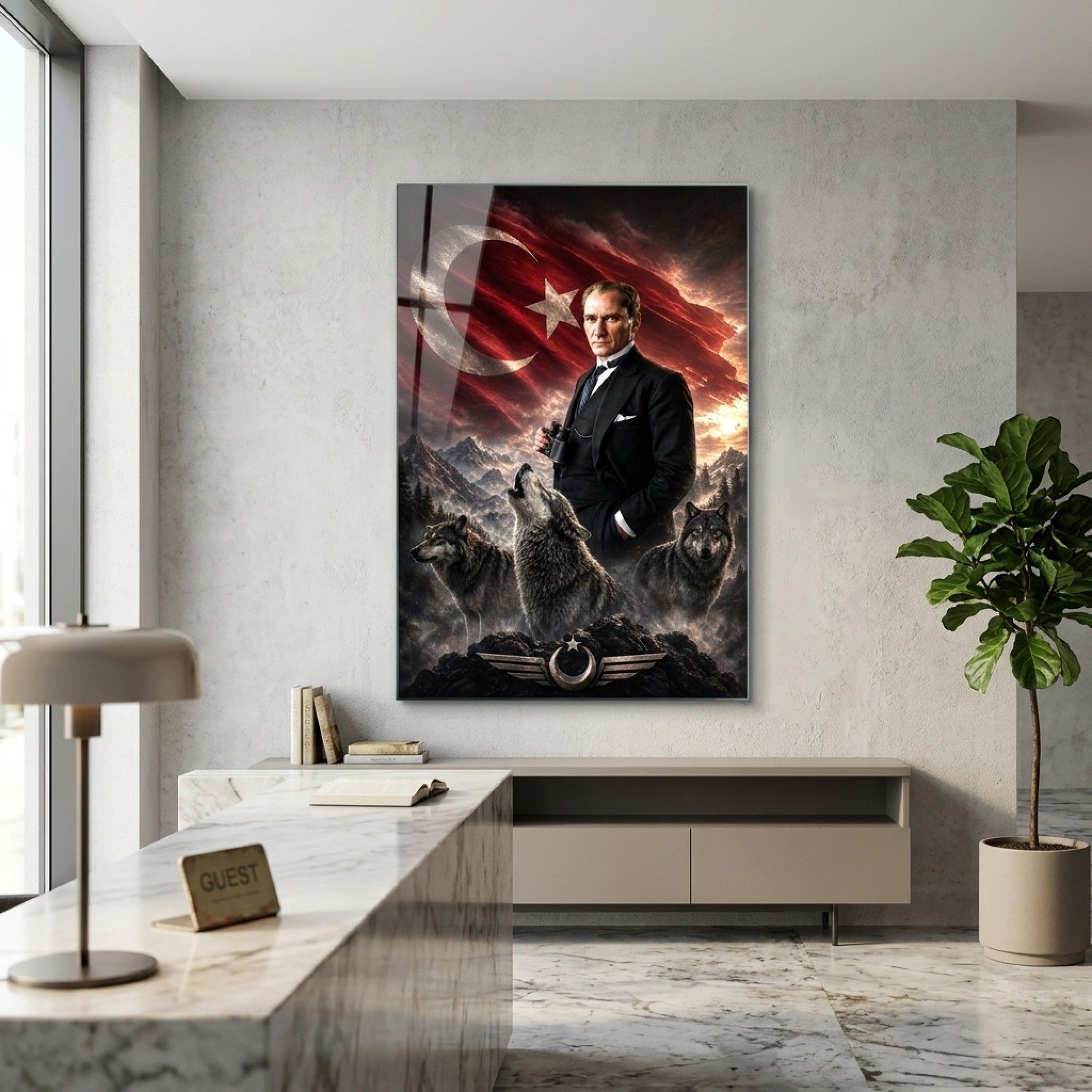 Atatürk Kurtlar ve Türk Bayrağı Temalı Dikey Cam Tablo