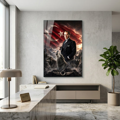 Atatürk Kurtlar ve Türk Bayrağı Temalı Dikey Cam Tablo
