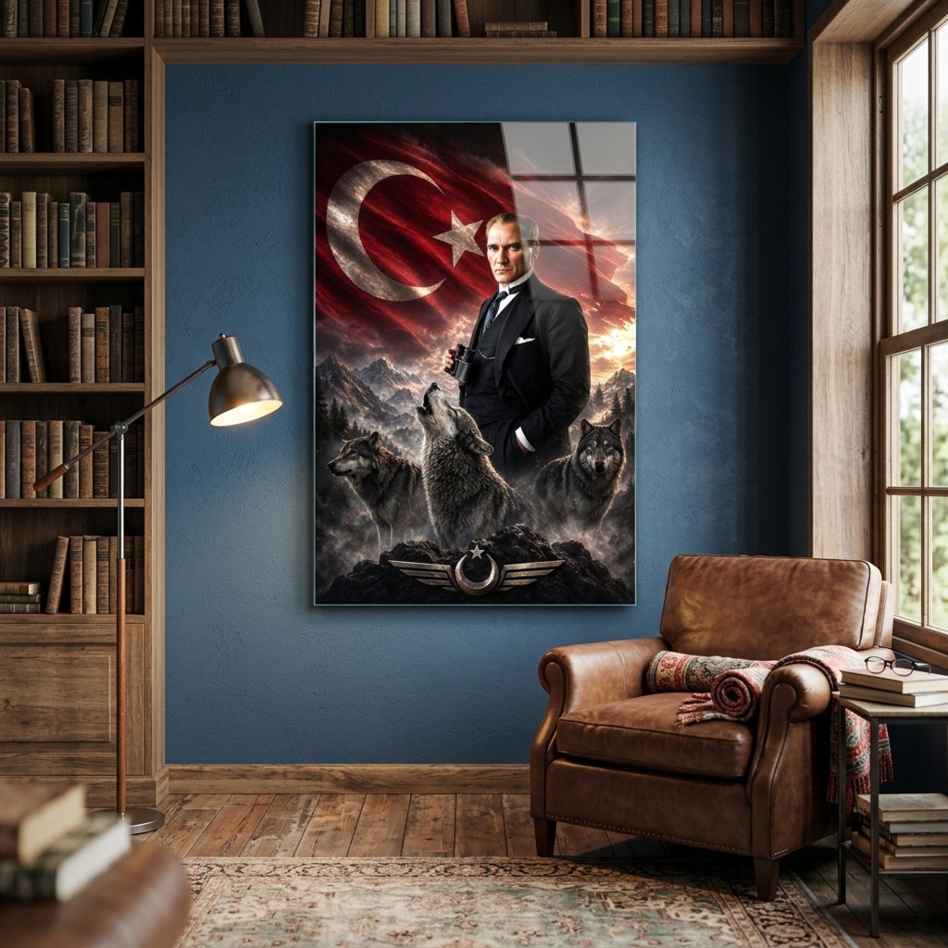 Atatürk Kurtlar ve Türk Bayrağı Temalı Dikey Cam Tablo