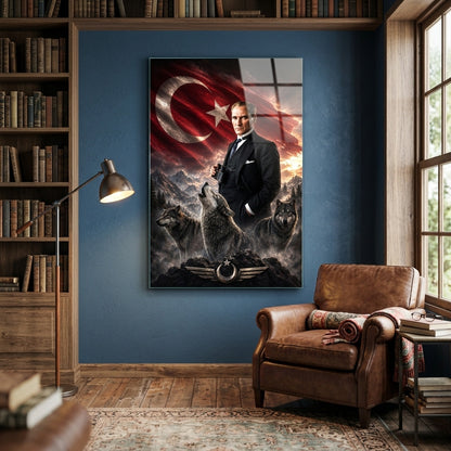 Atatürk Kurtlar ve Türk Bayrağı Temalı Dikey Cam Tablo