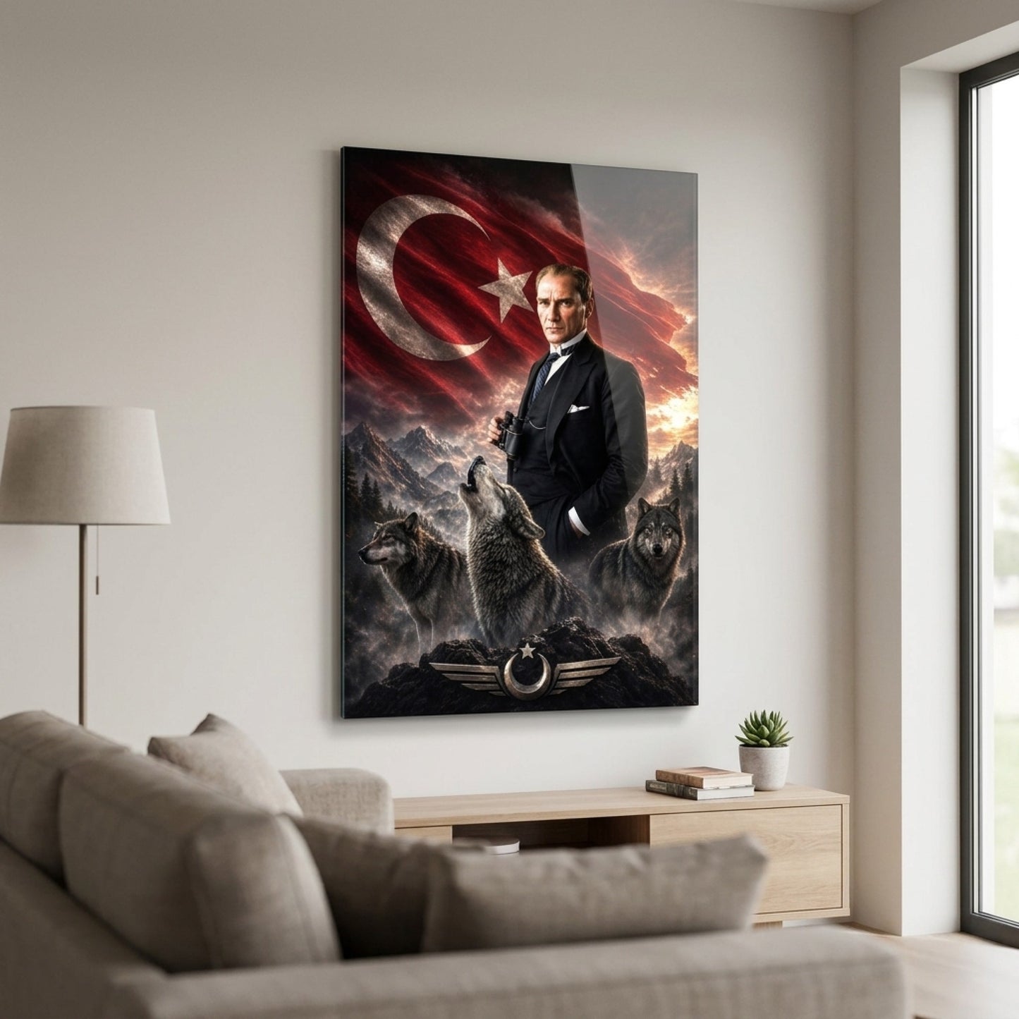 Atatürk Kurtlar ve Türk Bayrağı Temalı Dikey Cam Tablo