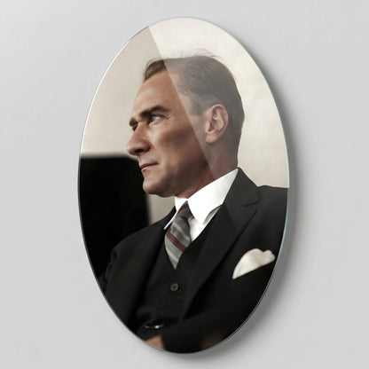 Mustafa Kemal Atatürk Kararlı Bakış Portresi Oval Dikey Cam Tablo