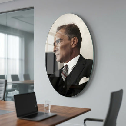 Mustafa Kemal Atatürk Kararlı Bakış Portresi Oval Dikey Cam Tablo