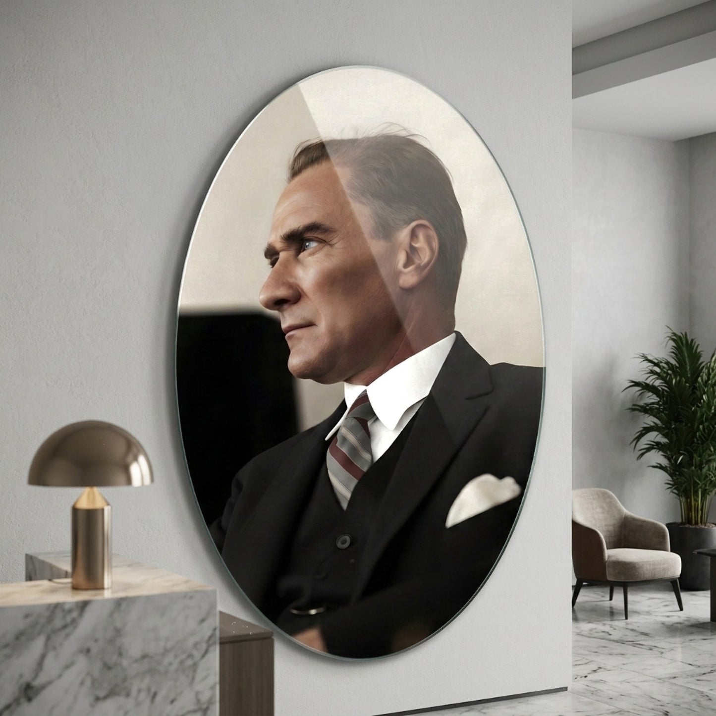 Mustafa Kemal Atatürk Kararlı Bakış Portresi Oval Dikey Cam Tablo