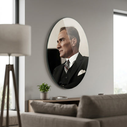 Mustafa Kemal Atatürk Kararlı Bakış Portresi Oval Dikey Cam Tablo