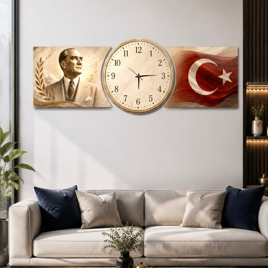 Atatürk Türk Bayrağı Saatli Şekilli Kesim Saat Cam Saat