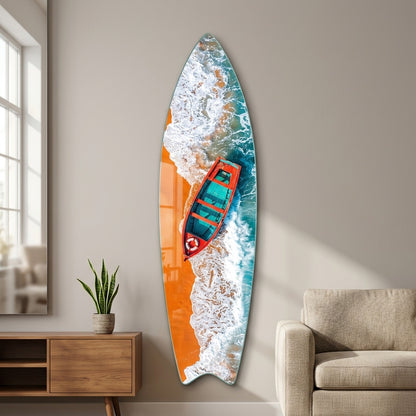 Turkuaz Dalgalar Kırmızı Tekne Surf Board Cam Tablo