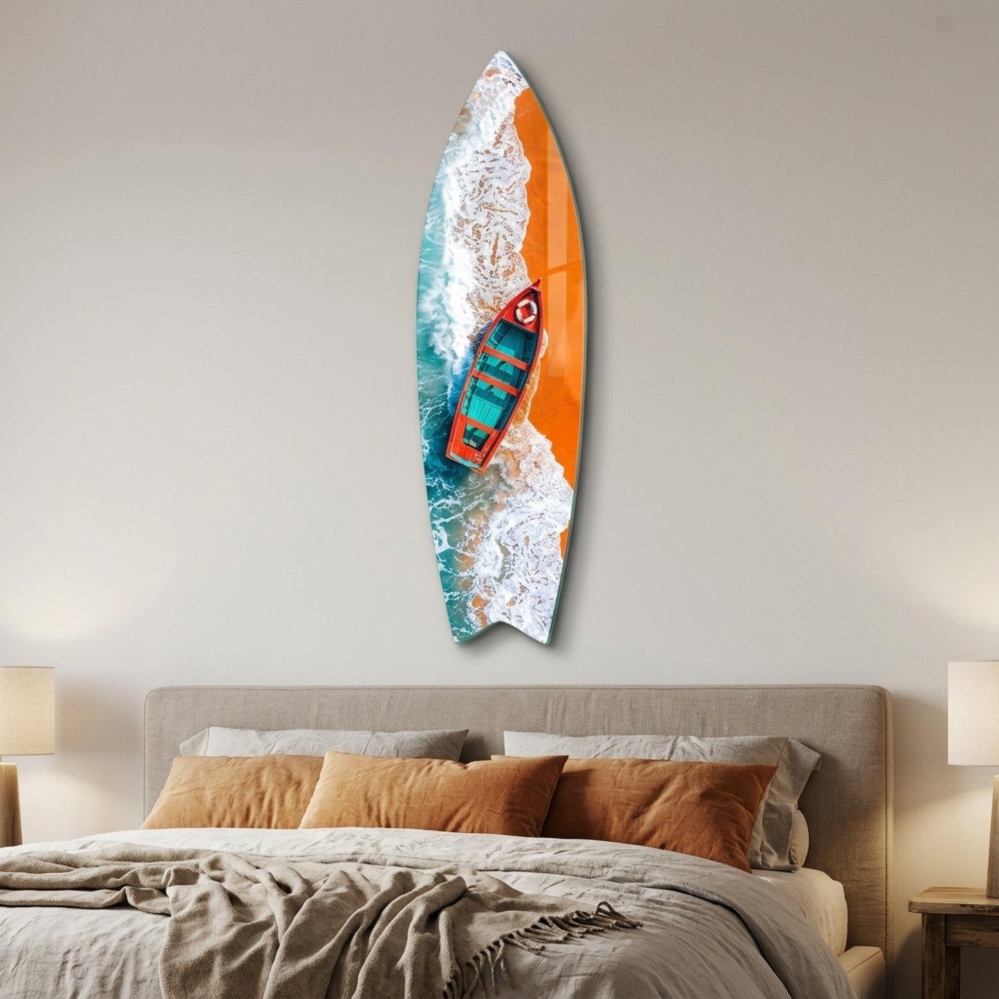 Turkuaz Dalgalar Kırmızı Tekne Surf Board Cam Tablo