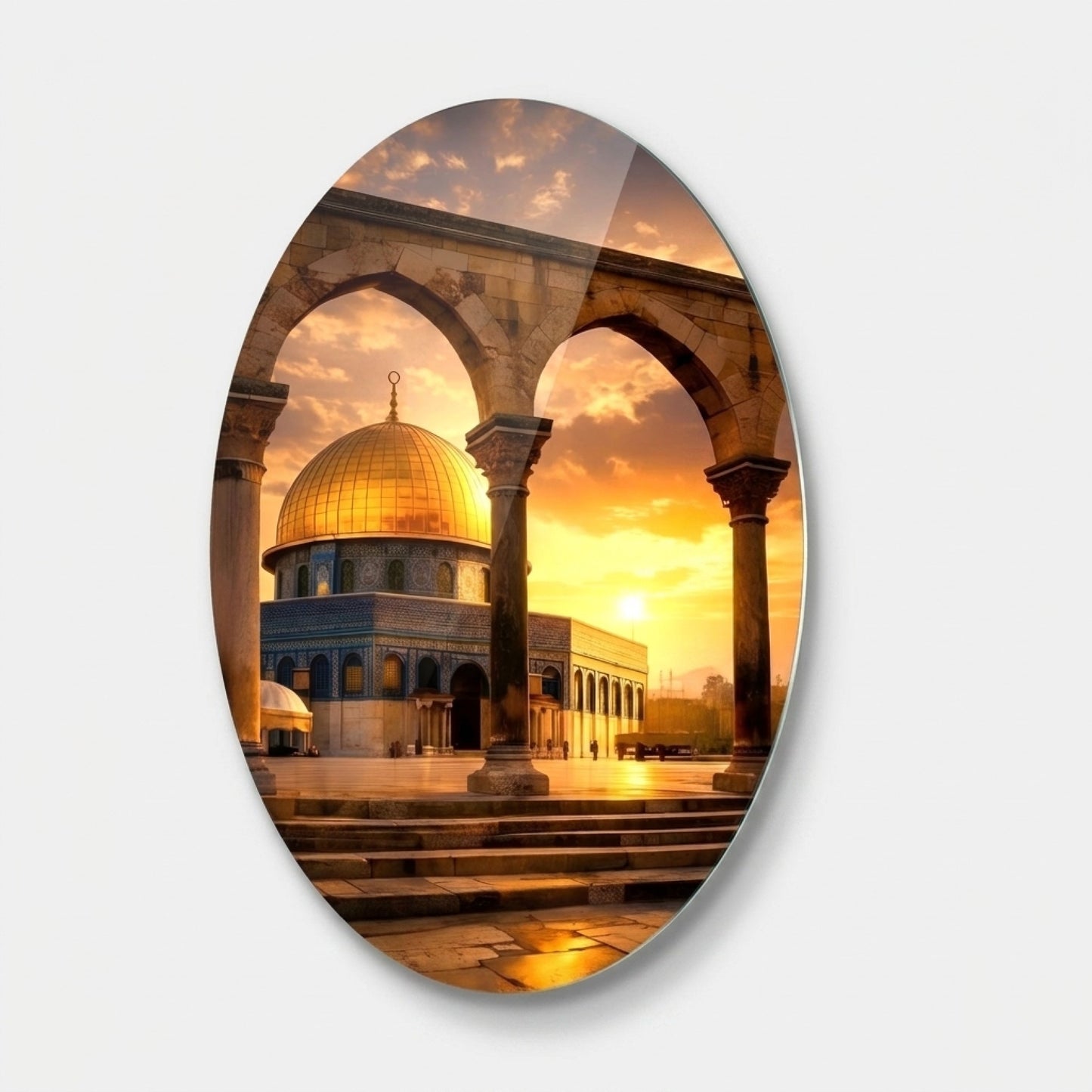 Gün Batımında Kudüs Kubbetü's-Sahra Oval Oval Dikey Cam Tablo