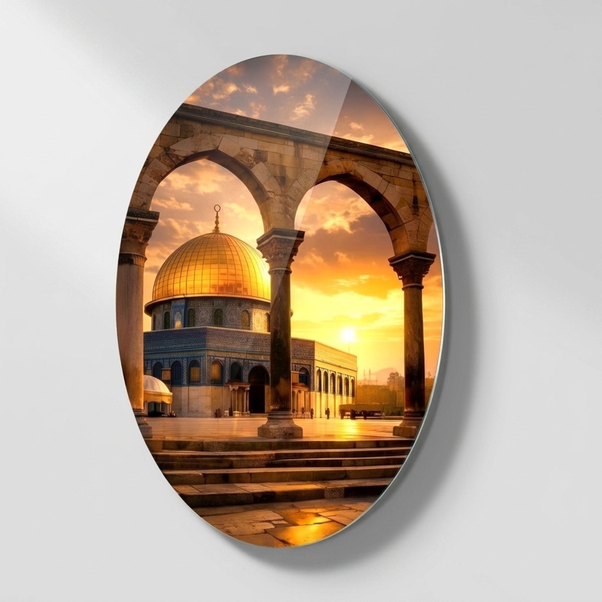 Gün Batımında Kudüs Kubbetü's-Sahra Oval Oval Dikey Cam Tablo