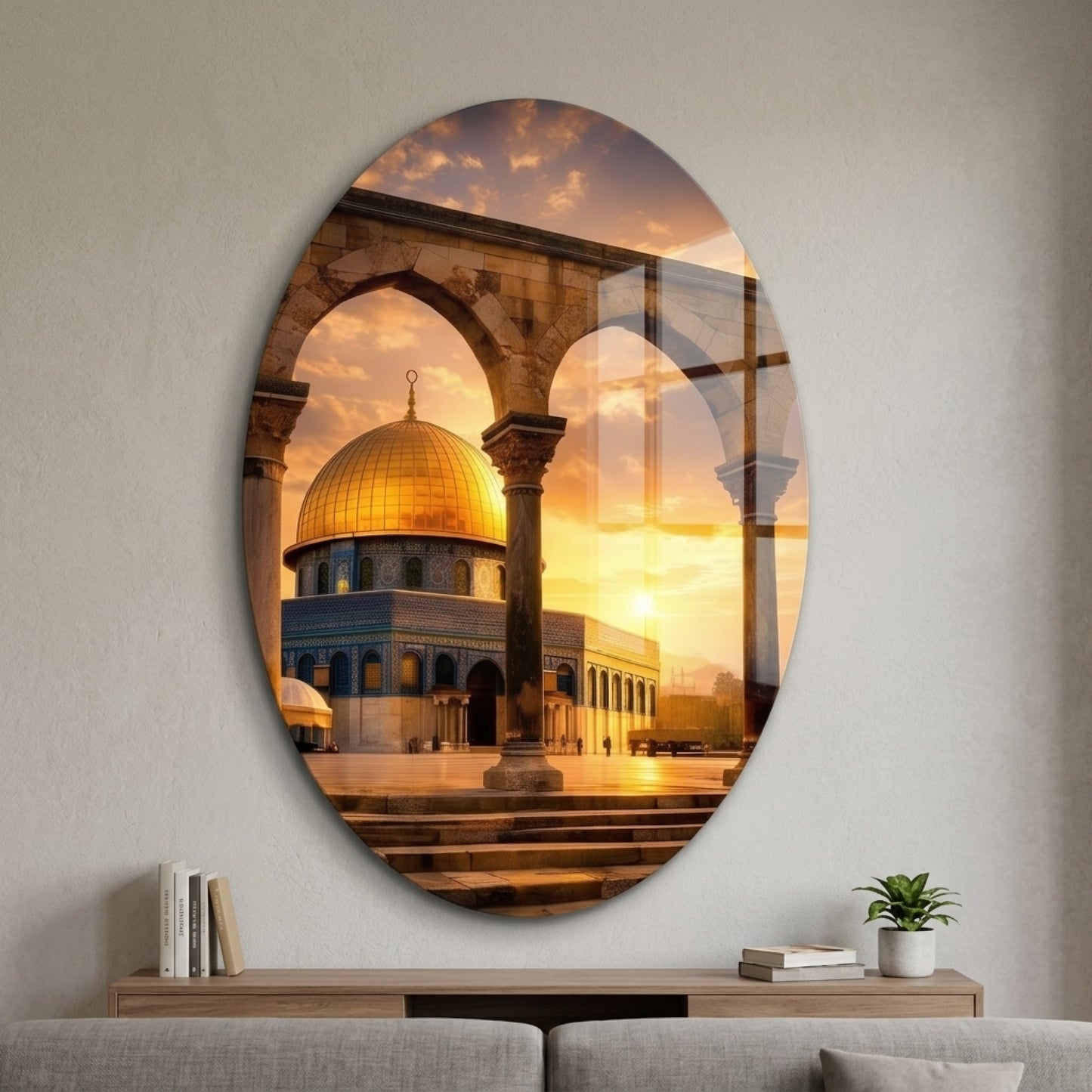 Gün Batımında Kudüs Kubbetü's-Sahra Oval Oval Dikey Cam Tablo