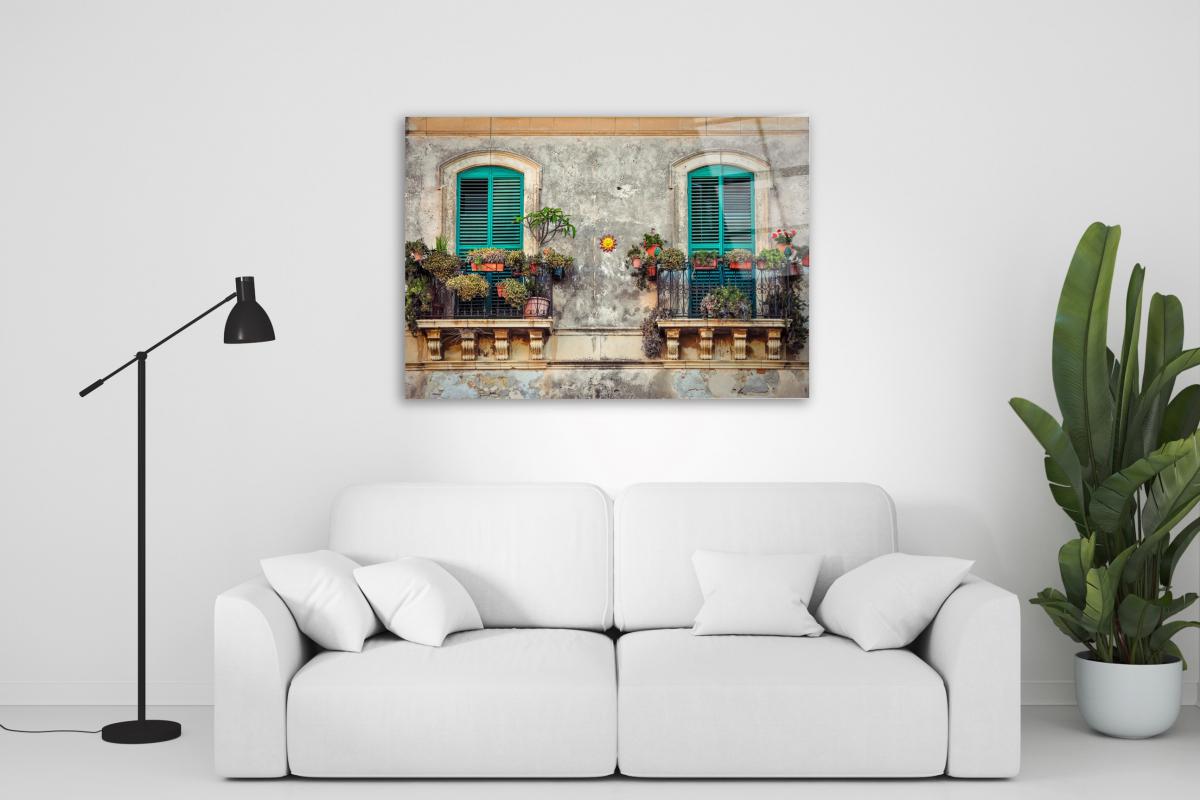 Çiçekli Balkon Yatay Cam Tablo