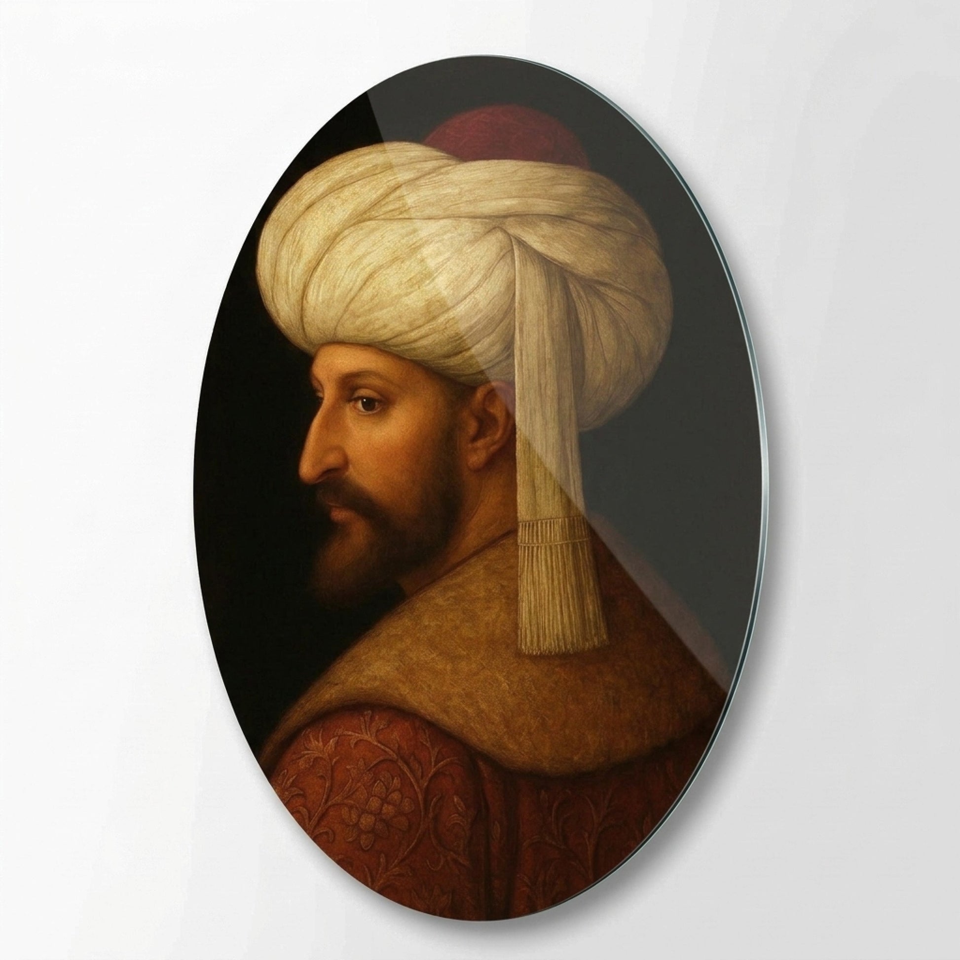 Osmanlı Padişahı Fatih Sultan Mehmet Portresi Oval Dikey Cam Tablo