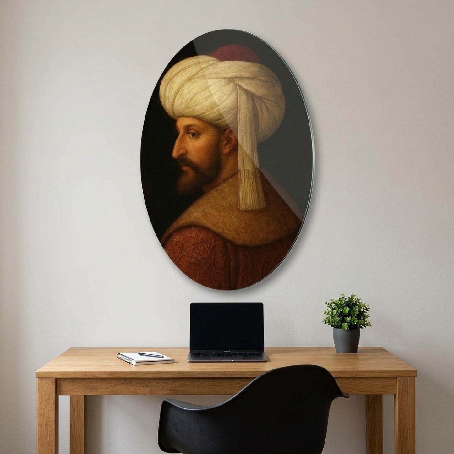 Osmanlı Padişahı Fatih Sultan Mehmet Portresi Oval Dikey Cam Tablo