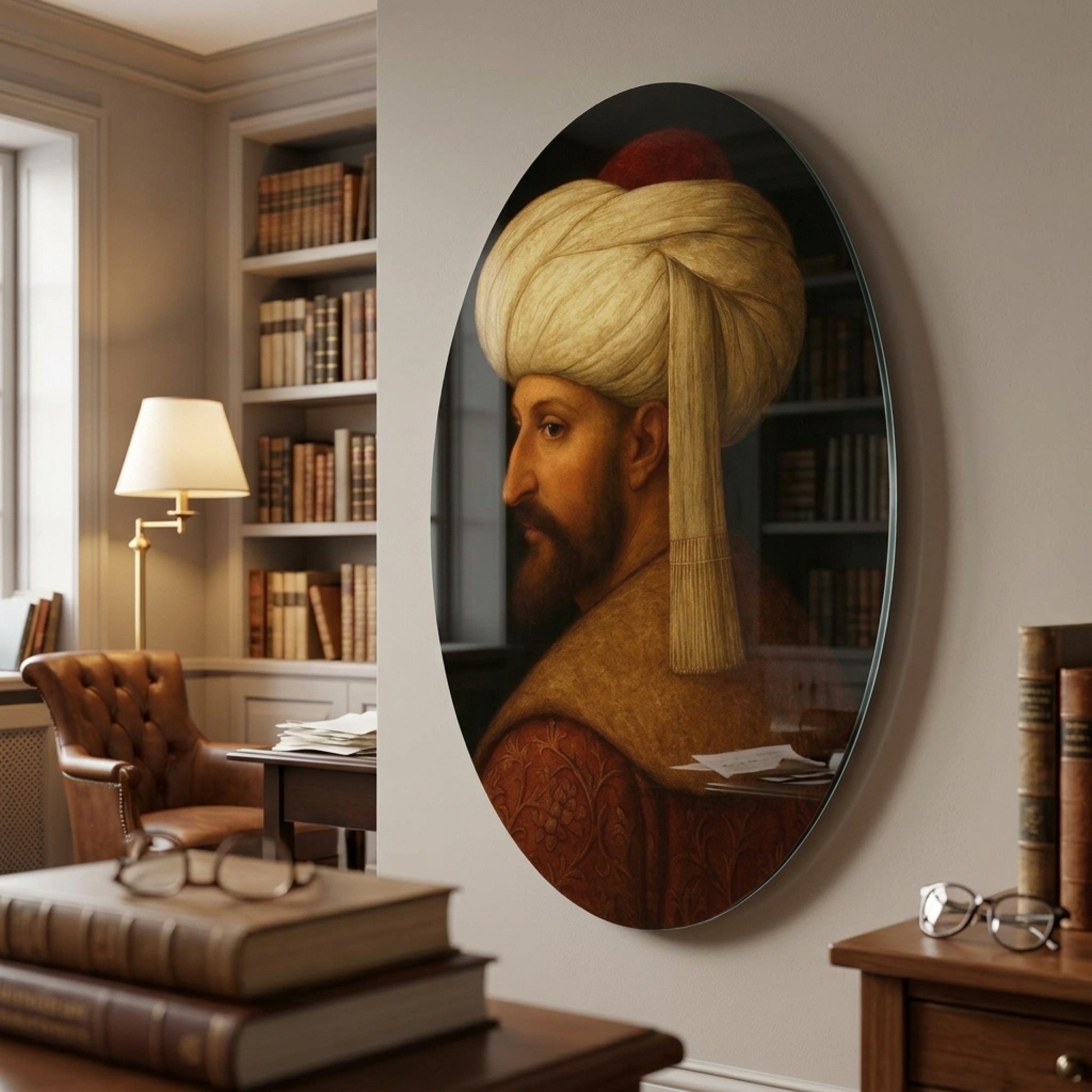 Osmanlı Padişahı Fatih Sultan Mehmet Portresi Oval Dikey Cam Tablo