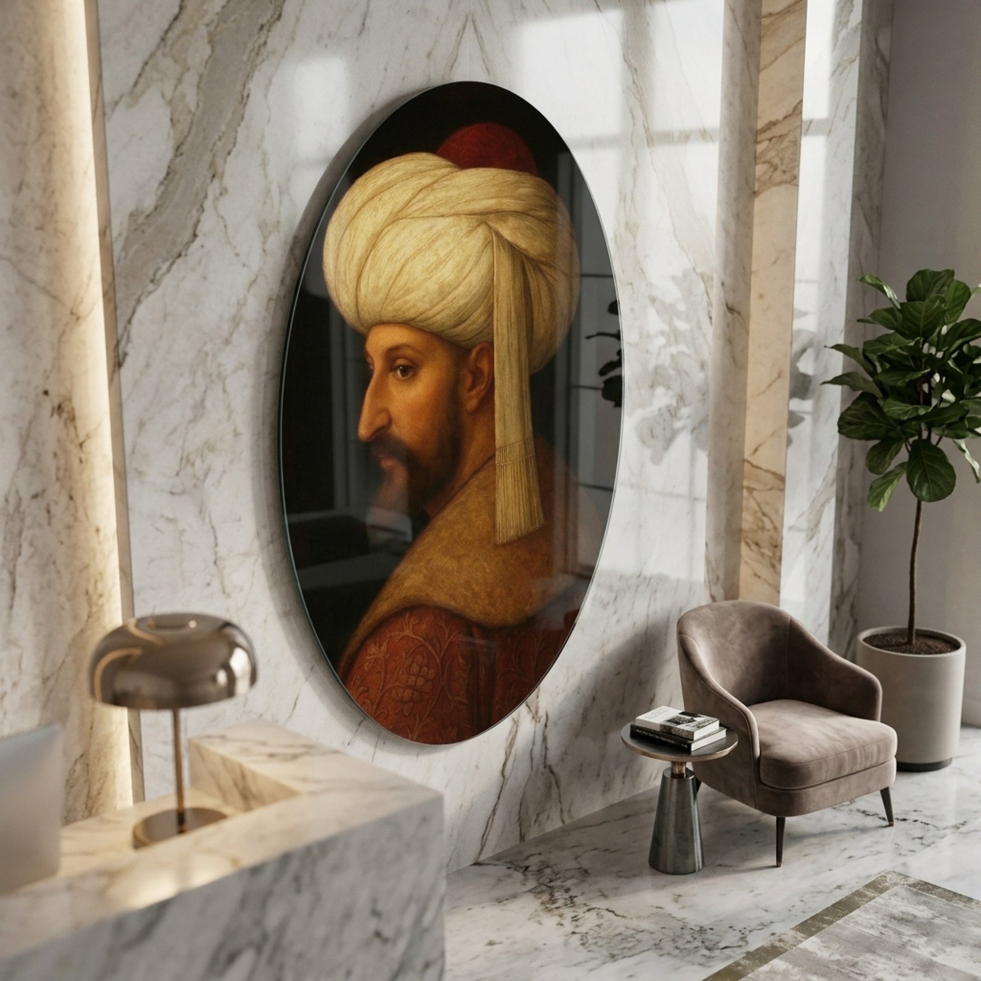 Osmanlı Padişahı Fatih Sultan Mehmet Portresi Oval Dikey Cam Tablo