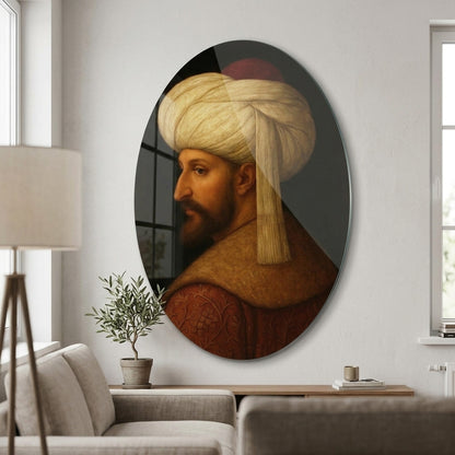 Osmanlı Padişahı Fatih Sultan Mehmet Portresi Oval Dikey Cam Tablo