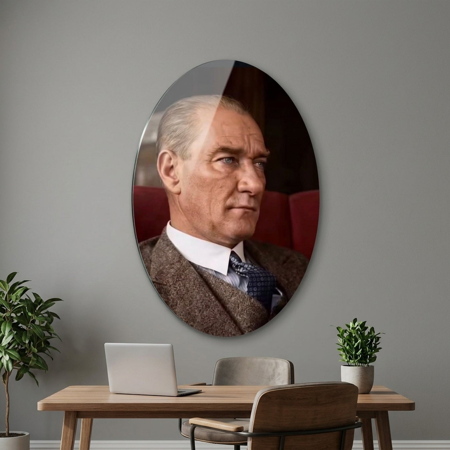 Mustafa Kemal Atatürk Karizmatik Portre Oval Dikey Cam Tablo