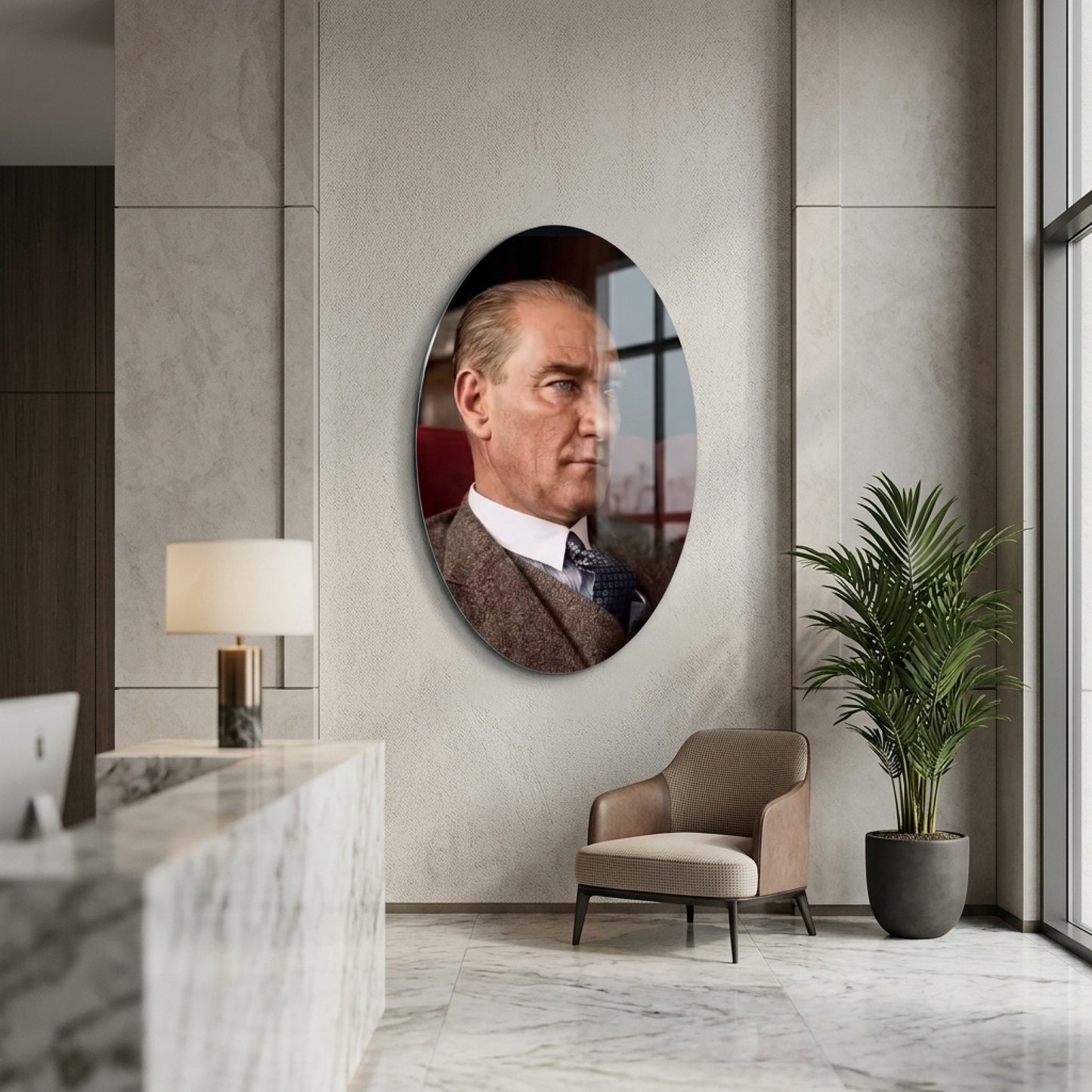 Mustafa Kemal Atatürk Karizmatik Portre Oval Dikey Cam Tablo