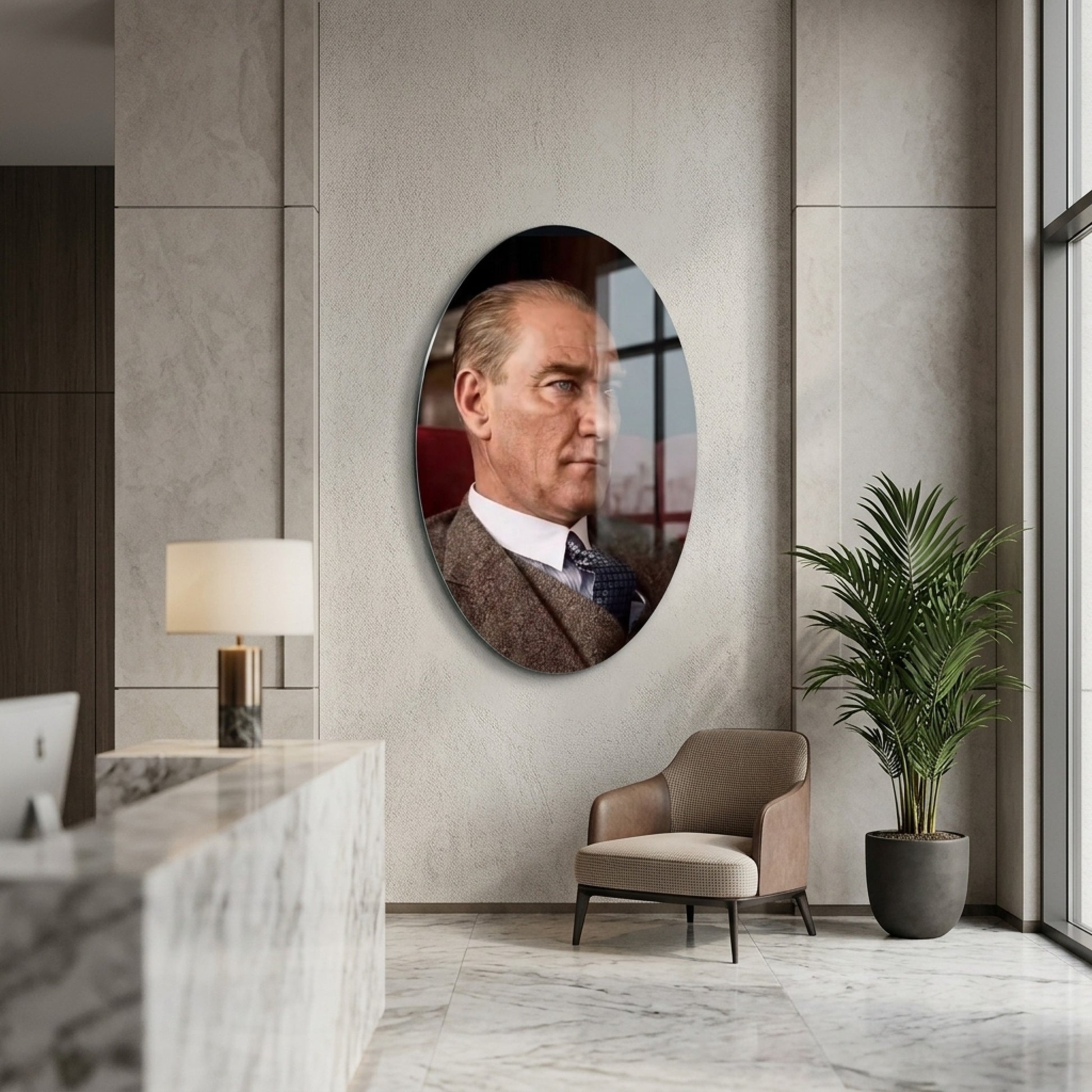 Mustafa Kemal Atatürk Karizmatik Portre Oval Dikey Cam Tablo
