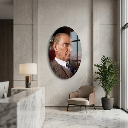 Mustafa Kemal Atatürk Karizmatik Portre Oval Dikey Cam Tablo