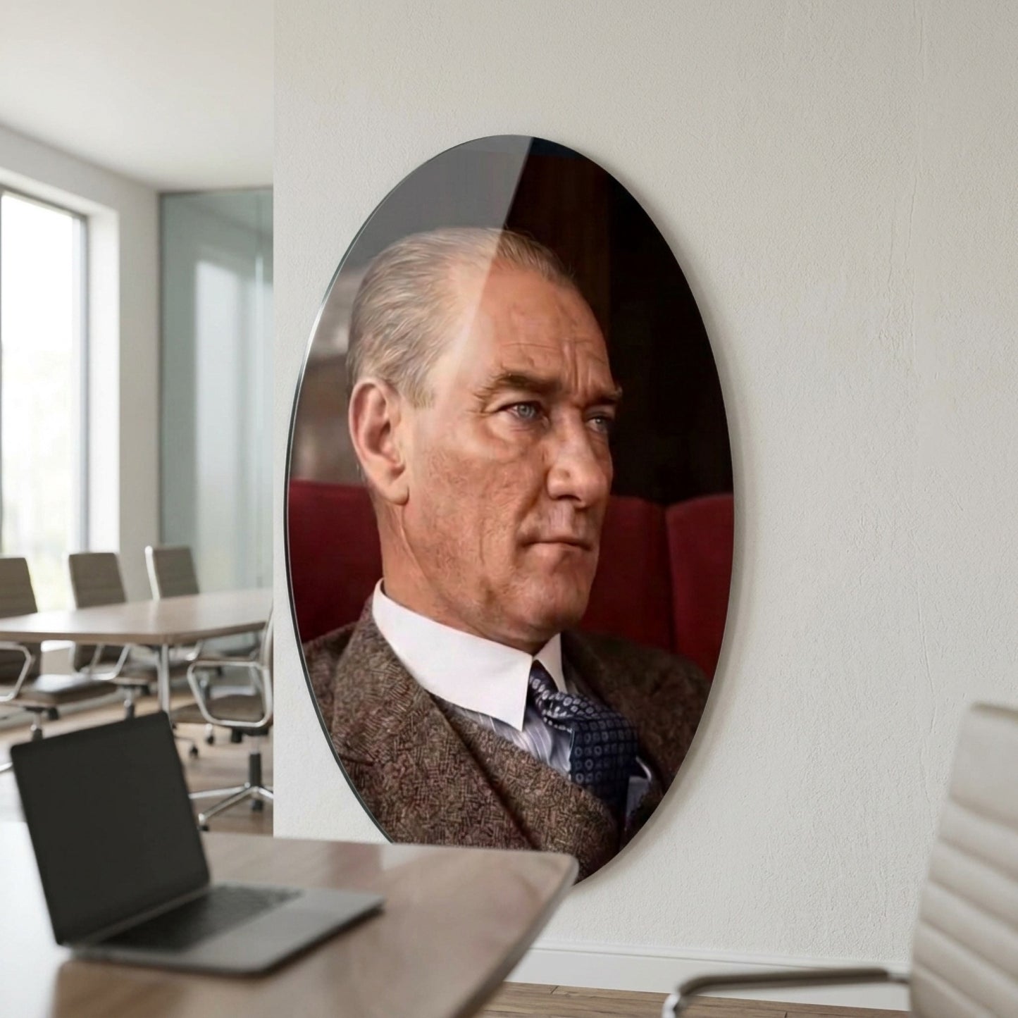 Mustafa Kemal Atatürk Karizmatik Portre Oval Dikey Cam Tablo