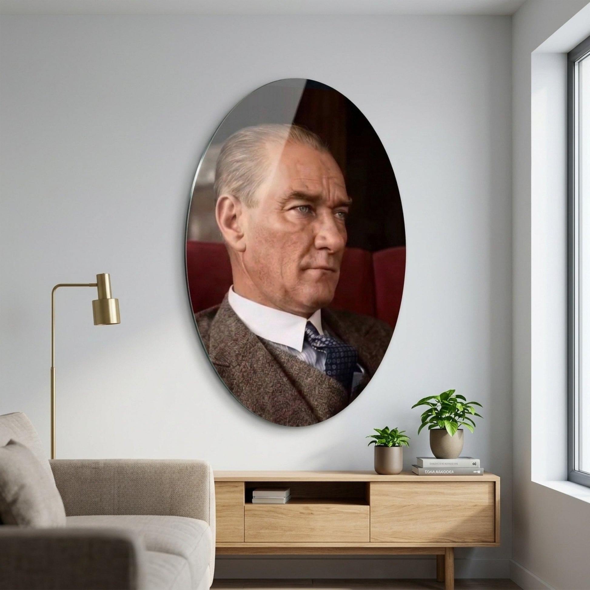 Mustafa Kemal Atatürk Karizmatik Portre Oval Dikey Cam Tablo