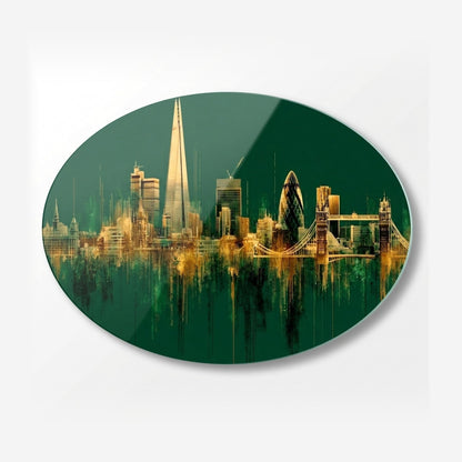 Art Deco Londra Sehir Manzarasi Oval Yatay Cam Tablo