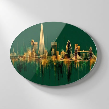 Art Deco Londra Sehir Manzarasi Oval Yatay Cam Tablo