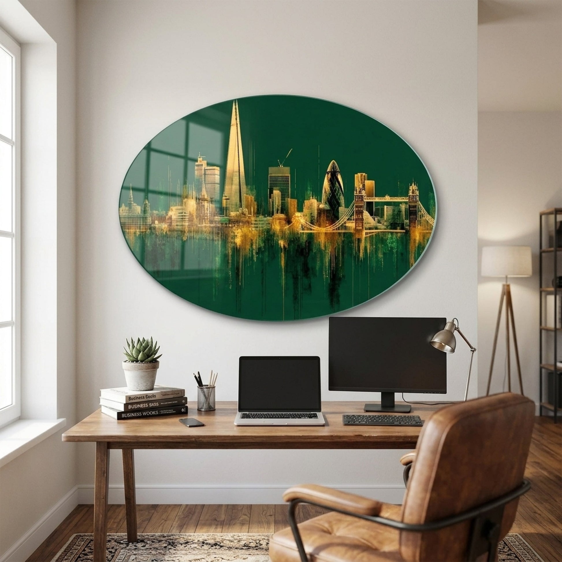 Art Deco Londra Sehir Manzarasi Oval Yatay Cam Tablo
