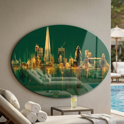 Art Deco Londra Sehir Manzarasi Oval Yatay Cam Tablo