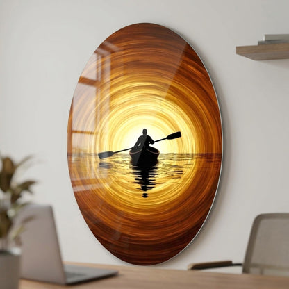 Altın Girdap Manzaralı Kano Silueti Oval Dikey Cam Tablo