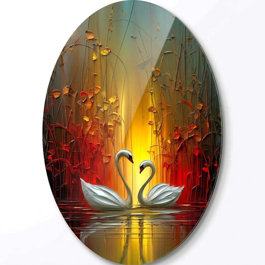 Modern Sanat Yağlı Boya Dokulu Kuğu Çifti Oval Dikey Cam Tablo