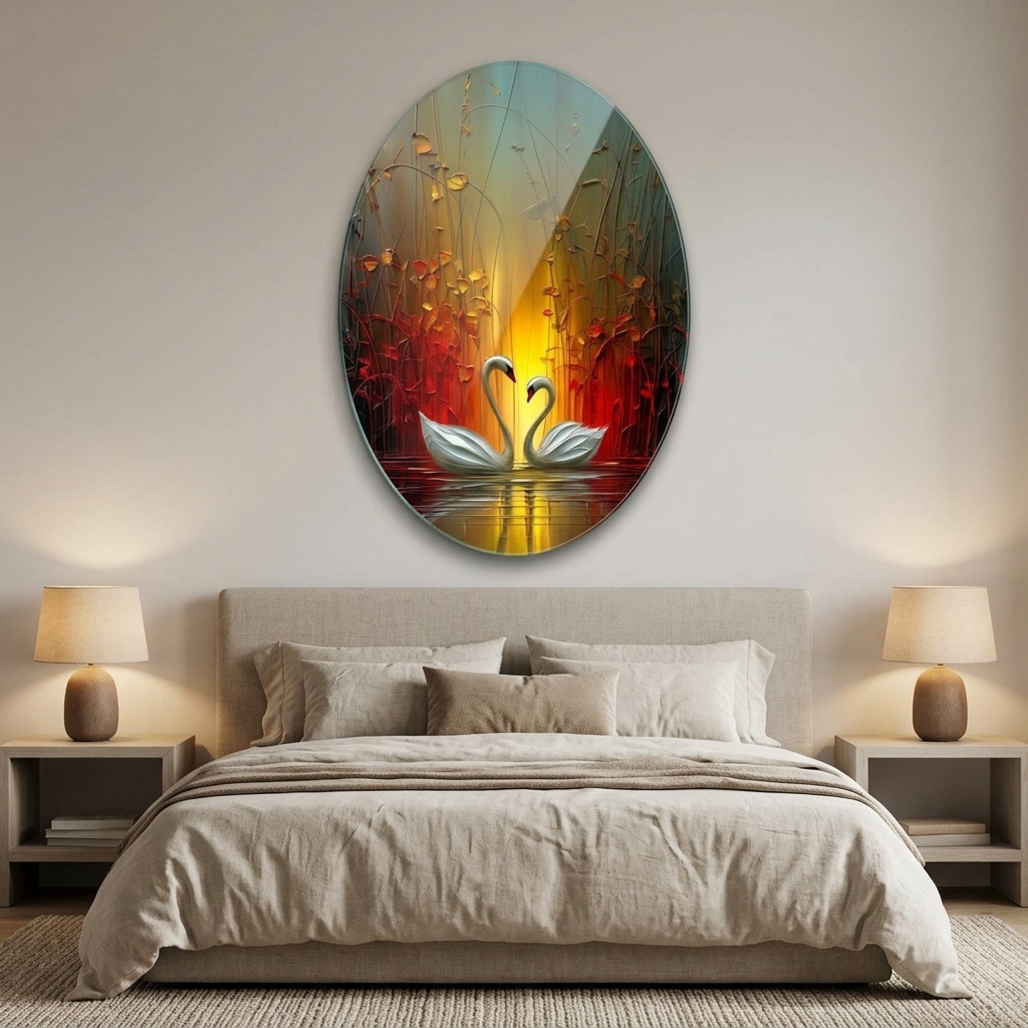 Modern Sanat Yağlı Boya Dokulu Kuğu Çifti Oval Dikey Cam Tablo