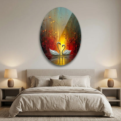 Modern Sanat Yağlı Boya Dokulu Kuğu Çifti Oval Dikey Cam Tablo