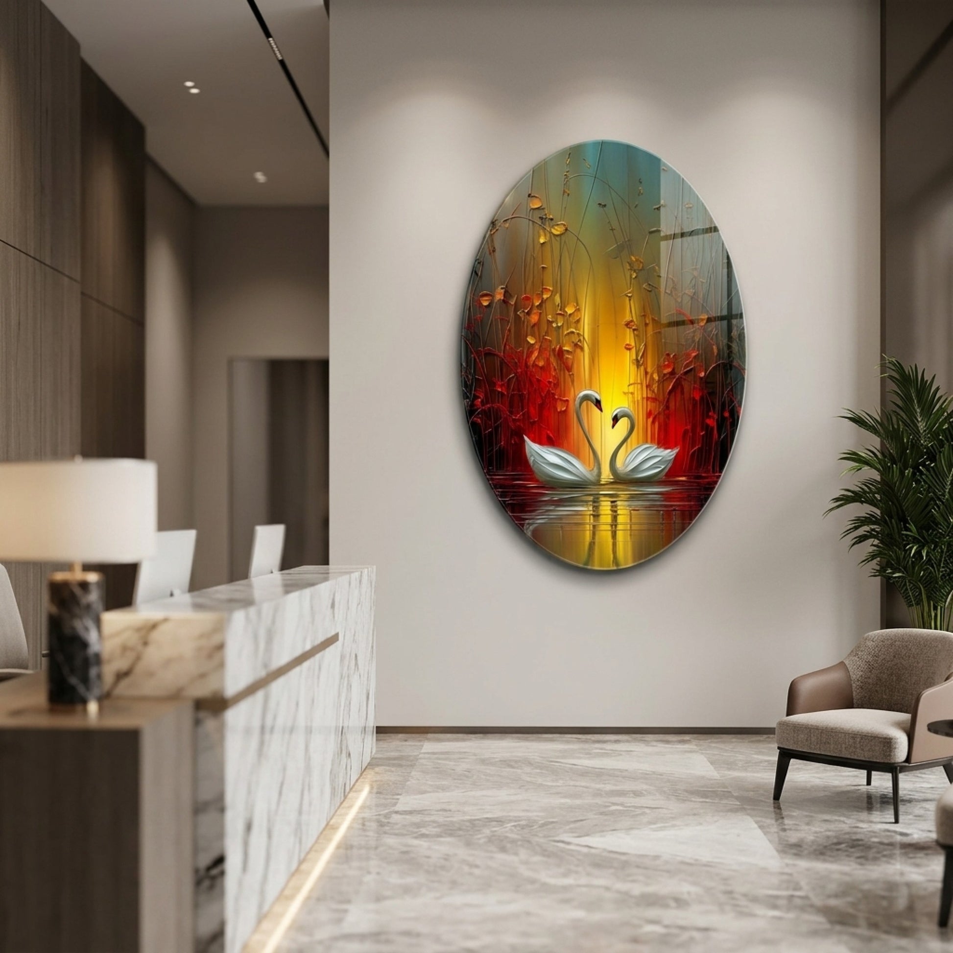 Modern Sanat Yağlı Boya Dokulu Kuğu Çifti Oval Dikey Cam Tablo