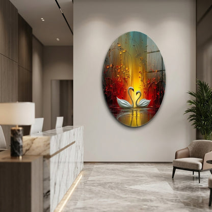 Modern Sanat Yağlı Boya Dokulu Kuğu Çifti Oval Dikey Cam Tablo