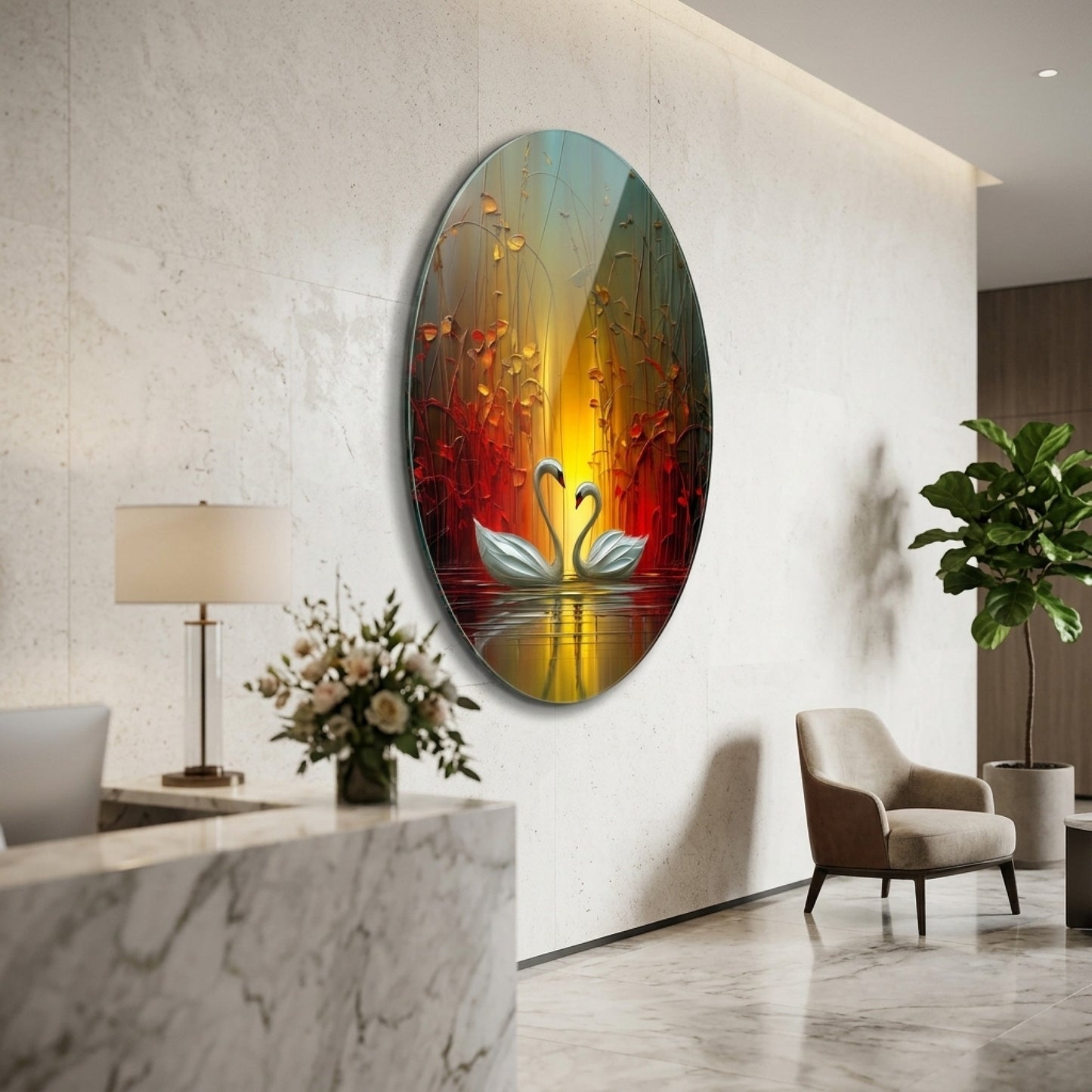 Modern Sanat Yağlı Boya Dokulu Kuğu Çifti Oval Dikey Cam Tablo