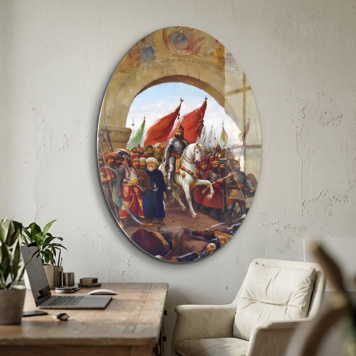 Fatih Sultan Mehmet İstanbulun Fethi Oval Dikey Cam Tablo