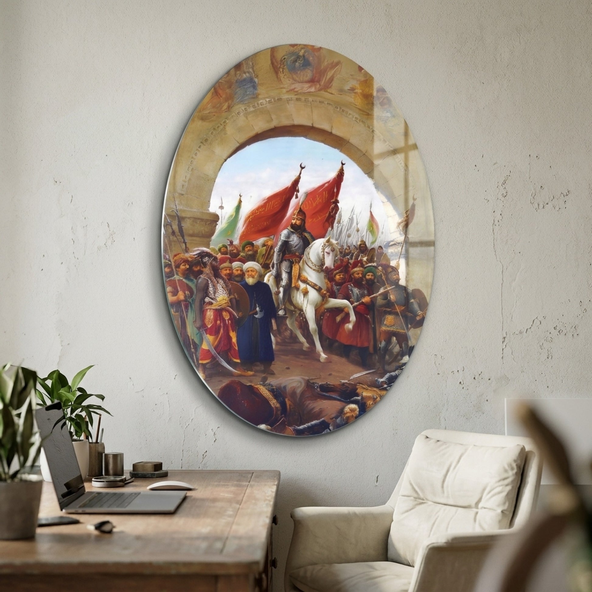 Fatih Sultan Mehmet İstanbulun Fethi Oval Dikey Cam Tablo